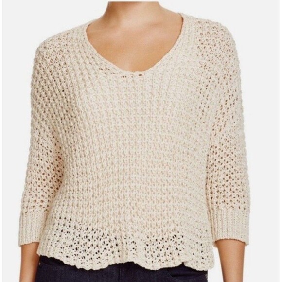 Eileen Fisher Sweaters - Eileen Fisher Cream Open Knit V-Neck Sweater medium 3/4 Sleeve High-Low Pullover
